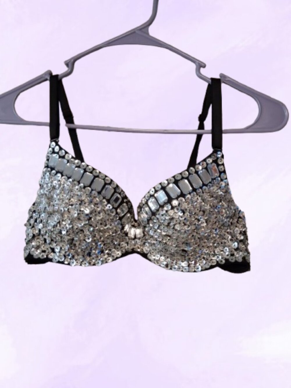 Say What? rhinestone and sequin bra embellished in silver and black. 32C